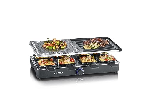 SEVERIN Raclette-Grill mit Naturgrillstein und Grillplatte, Raclette mit antihaftbeschichteter Grillplatte und 8 Pfännchen, Tischgrill für 8 Personen, max. 1300 W, schwarz, RG 2371