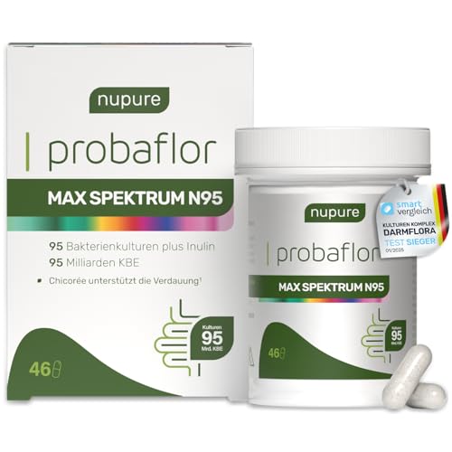 Nupure® Probaflor MAX SPEKTRUM N95 600 Mrd.KBE/gr 95 Bakterienstämme größtes Bakterienstamm-Spektrum, mit Lactobacillus, Inulin & Bifidobakterien, 95 Mrd. KBE, magensaftresistent, 46 Kapseln