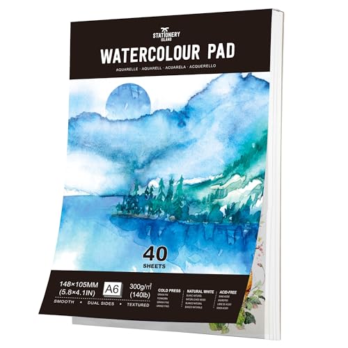 Stationery Island Aquarellpapier A6 300g, 40 Blatt Aquarellblock A6, Aquarell Papier für Wasserfarben, Aquarellpapier Postkarten, Watercolor Paper für Studenten,Anfänger, Skizzenbuch Aquarell