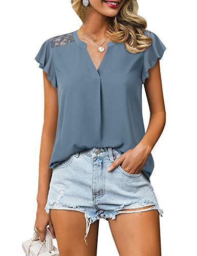 Gaharu Damen Kerbe V Ausschnitt Kurzarm Chiffon Shirts Casual Spitze Bluse Top, blau; grau, Small