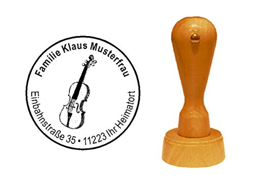 Stempel personalisiert runder Holzstempel Violine Geige Geigenspieler Adressstempel Ø 40 mm mit persönlicher Adresse und Motiv
