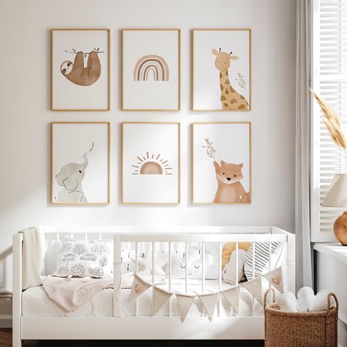 MeinBaby123® Poster Kinderzimmer 6er Set DIN A4 Wandbilder Bilder Boho Babyzimmer Deko Wandposter Premium (Faultier & Freunde 6er Set)