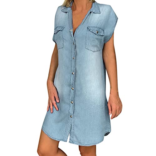 Jeanskleid Damen Knielang, Kurzarm Sommerkleid,Jeans Kleid für Damen,V-Ausschnitt T-Shirt Kleid Damenkleider Tunikakleid Shirtkleid Hemdkleid Denim Kleid Hemdkleid Freizeitkleid Strandkleid