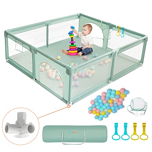 COMOMY Laufstall Baby, 150x180x66cm Laufgitter Baby Große xxl Sicherheitsspielplatz Schutzgitter für Kinder mit Weichem Netz, Rutschfestem Oxford Bottom, Bällen, Mini-Körbchen und 4 Zugringen