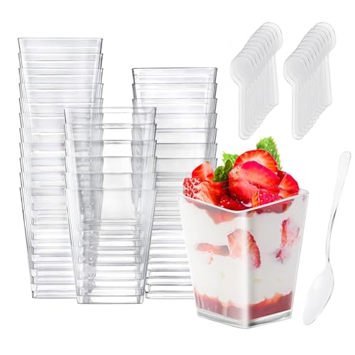 50 Stück Desserttasse mit 50 Stück Löffeln, 5 OZ /160ML Dessertbecher Klare Dessertschalen Wiederverwendbar Quadratischer Desserttassen Trapezoid Becher für Zuhause Desserts Pudding Mousse Eis Party