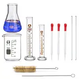 Erlenmeyer-Glasflaschen, JESSTOLO 50 ml, konische Glasflasche, 50 ml, Becher, 10 ml, 5 ml, Zylinder mit Skala, 3 Reagenzgläser, 2 Reinigungsbürsten und 2 Glasrührer