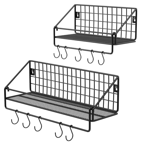 SONGMICS Wandregal im Industriestil, aus Metall, Traglast 15 kg/Regal, 2 Stück, mit 10 Haken, für Schlafzimmer, Wohnzimmer, Küche, 30 x 12 x 13 cm, 40 x 12 x 13 cm, Schwarz, LFS02BK