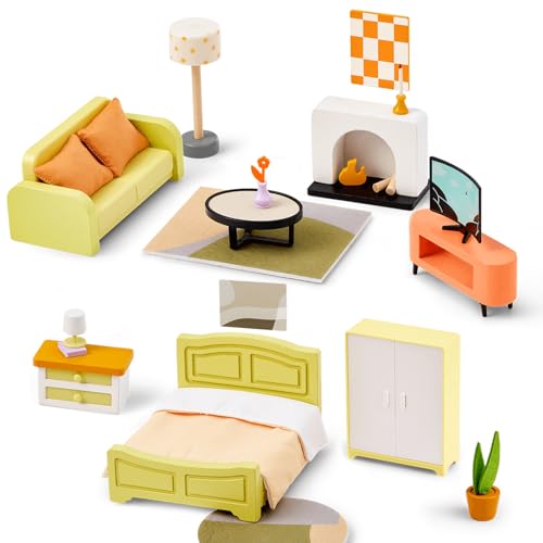 Giant bean Puppenhaus Möbel Holz Set, Holz und Kunststoff Schlafzimmer und Wohnzimmer, 27 Teiliges Puppenhaus Zubehör Pretend Play Möbel Spielzeug für Jungen, Mädchen und Kleinkinder