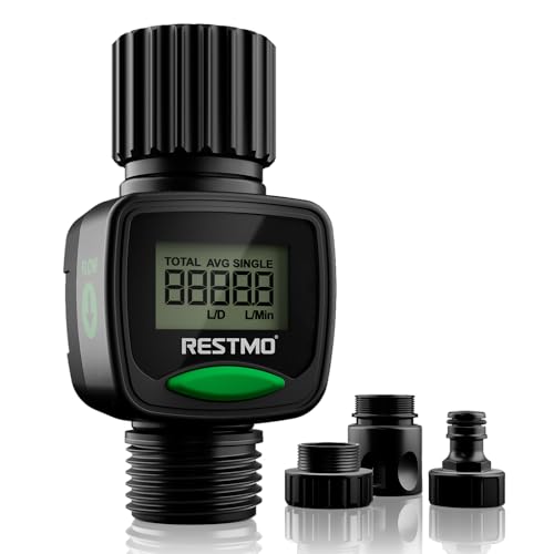 Restmo Wasserzähler, Wasserdurchflussmesser mit hohe Messgenauigkeit, Messung des Gallonen-/Literverbrauchs und der Durchflussmenge für Gartenbewässerung, Rasensprenger und Gartenbrause