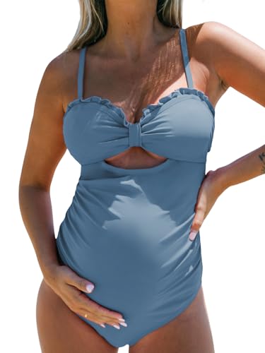 CUPSHE Damen Schwangerschafts Badeanzug Rüschen Knoten Raffung Herzausschnitt Cut Out Einteilige Umstandsbademode Swimsuit Dämmerungsblau M