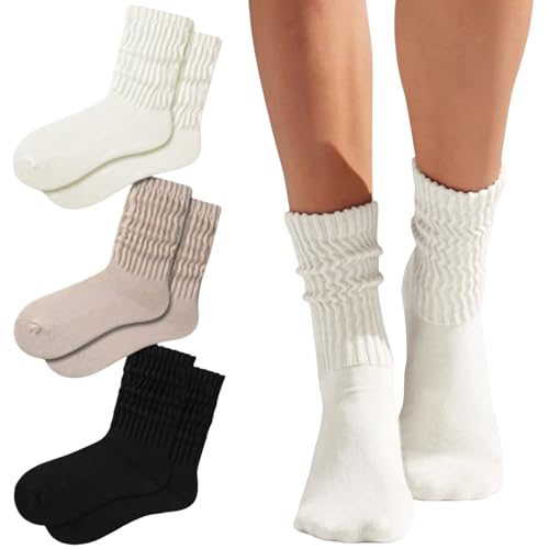 BelleVive 3 Paar Crew-Socken für Damen, gepolsterte Sportsocken aus Baumwolle, Retro-Slouch-Socken, Rippensocken mit mittlerer Wade, neutrale ästhetische Slouchy-Boot-Kleid-Socken