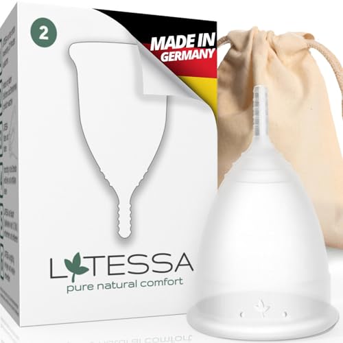 LATESSA® Menstruationstasse, SEHR GUT getestet, Made in Germany, geruchlos, BPA-frei, 100% zertifiziertes, medizinisches Silikon, Periodentasse, Menstruationskappe, menstrual cup, Größe L, groß