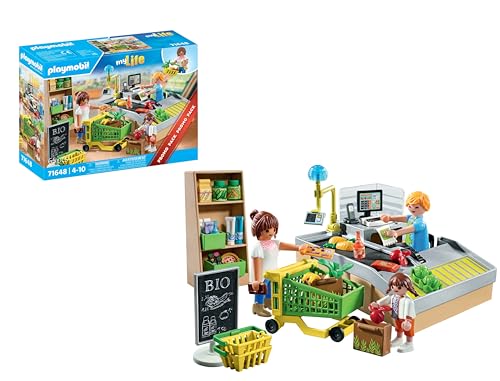 PLAYMOBIL MyLife Promo Pack 71648 Bio-Supermarkt, inklusive Kasse mit Warenlaufband, Einkaufswagen und DREI Figuren, detailreiches Spielzeug für Kinder ab 4 Jahren