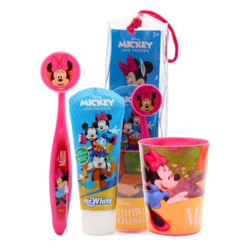 Disney Minnie Mouse Kinder-Zahnbürsten-Set – weiche Zahnbürste mit Schutzkappe, Zahnpasta mit Minzgeschmack und Mehrzweck-Becher, reisefreundliches Mundpflege-Set für Kinder ab 3 Jahren
