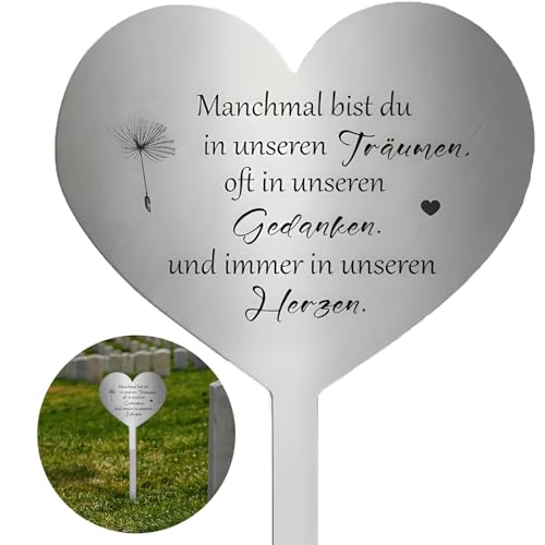 shockassist Grabschmuck Wetterfest, Grabstecker Edelstahl Herz, Grabdekoration mit Spruch du Manchmal Bist du in Unseren Träumen, Oft in Unseren Gedanken und Immer in Unseren Herzen -für Gärten Höfe
