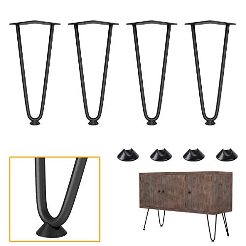 Genius Iron Hairpin Möbelbeine, 25,4 cm, 0,95 cm, massives Metall, Stahl, festes Schweißen, Heimwerken, für Couch, Kommode, Schrank, Regal, TV-Ständer mit Gummi-Bodenschonern, schwarz, 4 Stück
