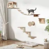 JAZUIHA Katzen Kletterwand Set XXL, 4 Teiliges Holz Katzenkletterwand Set inkl. Katzenhöhle Hängebrücke Katzentreppe Sisalsäule & Kletterschritte, Katzenwandmöbel-Set Wandpark für Hauskatze