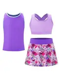 Fldy Mädchen Golf Tennisanzug Ärmelloses Tennis Shirt Tennis Skort Rock Kinder Sportbekleidung Set Laufen Workout Badminton Outfit Lila_B 122-128