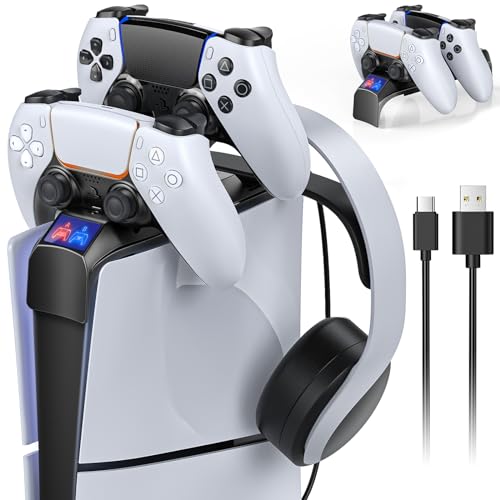 MENEEA Zubehör für PS5 Controller Ladegerät, Top-Ladestation für PS5 Controller & PS5 Edge Controller, Ladestation mit Headset-Halter für 2023 Playstation 5 Slim Disc & Digitalkonsole