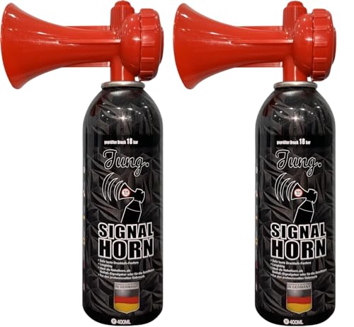 JUNG Druckluftfanfare Air Horn Profi Qualität 2X 400ml, 200 Kurze Signale, Fanfare Sportveranstaltung, Europameisterschaft, EM WM, als Warnsingnal, Hupe Tröte Drucklufthupe Gashupe Fantröte Airhorn