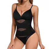 Tuopuda Shapewear Damen Bauchweg Body Shaper mit BH Bodysuit Women Formender Body Sculpting Shaping Stringbody Top V-Ausschnitt Figurformender Tanga Thong, Schwarz-1, M