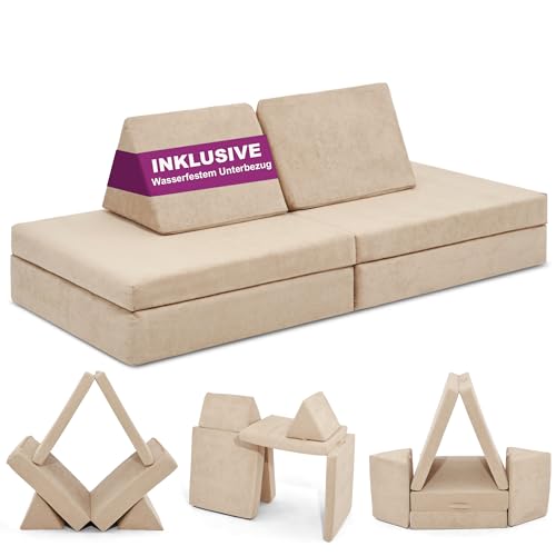 Linodino® Spielsofa | Kindersofa aus Schaumstoff Bausteine - Spielsofa für Kinder & Kuschelecke im Kinderzimmer [OHNE Harte Teile] 10 Farben zur Wahl | Strand Beige