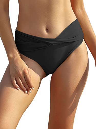 SHEKINI Damen Bikinihose Retro Ruched Bauchweg Klassisch Schwarze Badehose Strandhose Grosse Grössen für Frauen (Small, Schwarz)