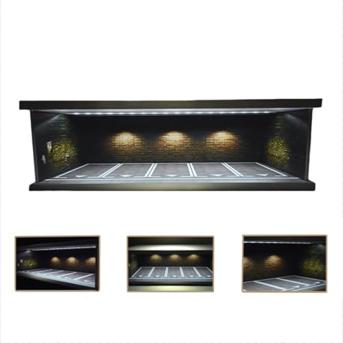 NUEIOVRW 1/43 Diorama-Auto-Garagenmodell mit LED-Licht, für Druckguss-Modellautos im Maßstab 1:43 und Hot Wheels Garage, Stadtauto-Parkplatz-Szenen-Vitrine, Modell, mit Acryl-Abdeckung