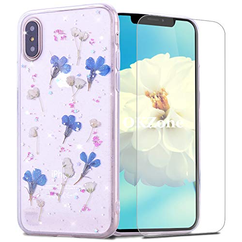 OKZone Kompatible mit iPhone XS/iPhone X (5,8 Zoll) Hülle [mit HD-Schutzfolie], [Getrocknete Blumen] Blume Gepresst Handyhülle Kristall Gel Schale Schutz Echte Blume Bumper Case Cover Hülle (Blau)