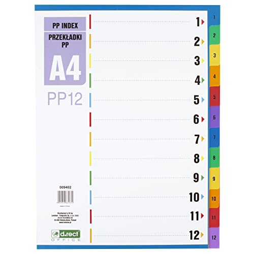 D.RECT Register für A4, PP12, 12 Trennblätter, Ringbuchregister, Taben mit Zahlenaufdruck 1-12, Mehrfarbig, Farb-Trenner aus PP, Polypropylen