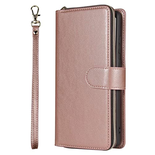 Hülle für Samsung Galaxy A51,Handytasche PU Leder Handyhülle mit 9 Kartenfächer Ständerfunktion Magnetverschluss Reißverschluss Flip Wallet Case für Samsung A51-Roségold