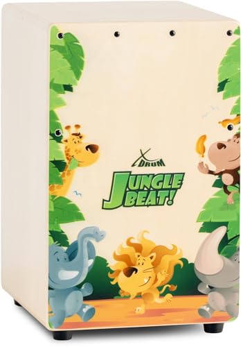 XDrum KC-37JB Kinder-Cajon - Kleine Cajon speziell für Kinder - Nur 36 cm hoch - Snare-Effekt durch stimmbare Gitarrensaiten - Jungle Beat