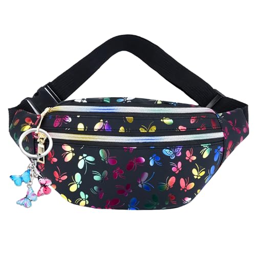 Gürteltasche Kinder Mädchen Bauchtasche, Schmetterlingsdruck Mode Wasserdicht Schwarz, Bauchtasche Damen Glitzer Kinder Bauchtasche, Fügen Sie einen Schmetterlings Schlüsselanhänger hinzu