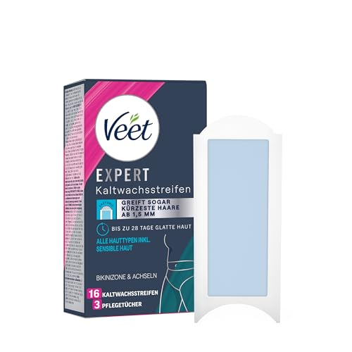 Veet Expert Kaltwachsstreifen Bikinizone & Achseln - Wachsstreifen zur Haarentfernung für alle Hauttypen inkl. sensibler Haut - 8 Doppelstreifen = 16 Streifen