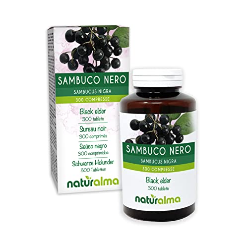 Schwarze Holunder (Sambucus nigra) Blüten und Früchte Naturalma - 150 g - 300 Tabletten - Nahrungsergänzungsmittel - Natürlich und Vegan