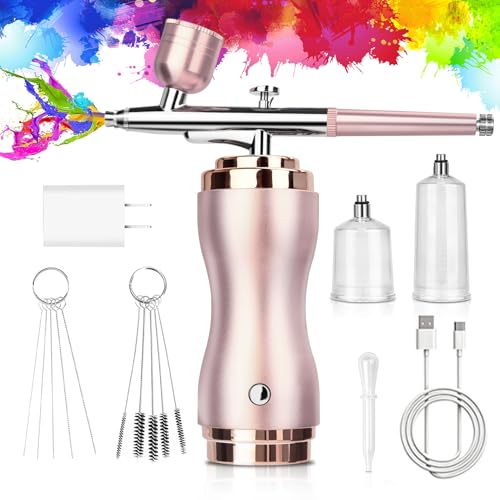 Daakro 48PSI Wiederaufladbares Airbrush Set,Mini Airbrush Gun mit Kompressor,Kabelloses Airbrush Kit für Kunst, Make-up, Tattoos,Kuchen dekorieren, Gießen Malerei(Rosa)