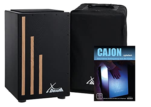 XDrum Cajon Primero Negra - Kistentrommel inkl. Rucksacktasche und Schule - Trommelkiste mit Snare Sound - Holz Drum Kiste mit Gigbag