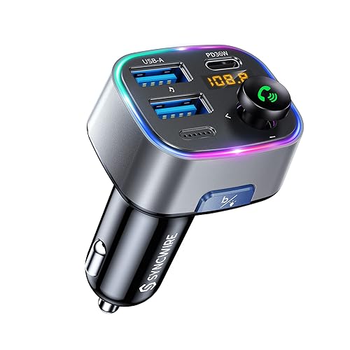 SYNCWIRE Bluetooth 5.3 FM-Transmitter-Autoladegerät 48W (PD 36W &12W) Dualer USB-Anschluss Ladegerät KFZ-Adapter, Kabelloser Radio, LED-Display, Unterstützung 64GB USB-Laufwerk, Lichtschalter, Grau