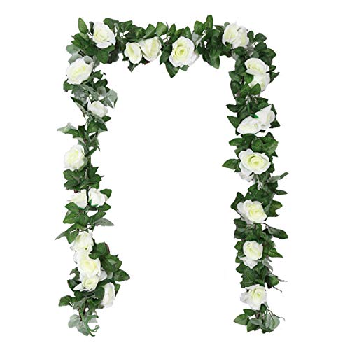 TheStriven 2 Stück Künstliche Blume Girlanden Gefälschte Rose Rebe Blumen Künstliche Eukalyptusgirlande Künstlich Seidenblumen Gefälschte für Zuhause Wand Hochzeit Bogen Dekor, 16 Blumen (Weiß)