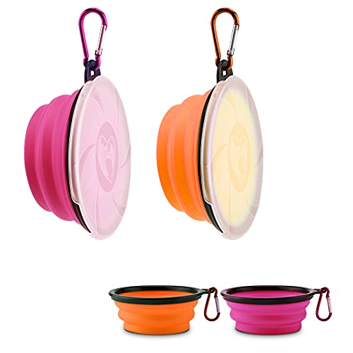 Aoliandatong 2 Stück Hundenapf Faltbar, Haustier Reisenapf mit Deckel und Haken, Tragbare Silikon Fressnapf, Hundeschüssel für Reise Spaziergänge Zwinger Camping(450ml, Orange und Pink)