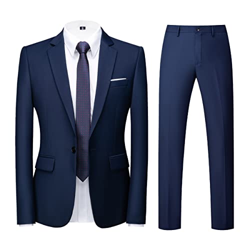 KUDORO Herren Anzüge 2-Teilig Slim Fit für Hochzeit Business Eine Knöpfe Herrenanzug Sakko Hose(Blau,XL)