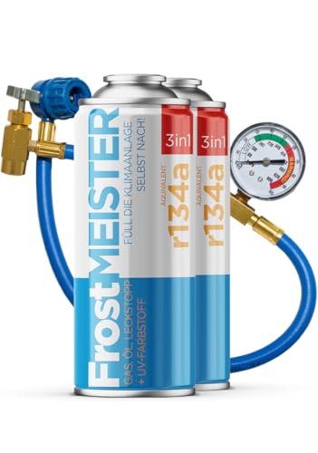 FrostMEISTER 3in1 – Auto-Klimaanlage Nachfüllset für R134a (1995–2016) – 2X 400 ml Dose & Schlauch mit Manometer – Ersatz für das Kältemittel, Öl & Dichtmittel – Schnelle & einfache Anwendung