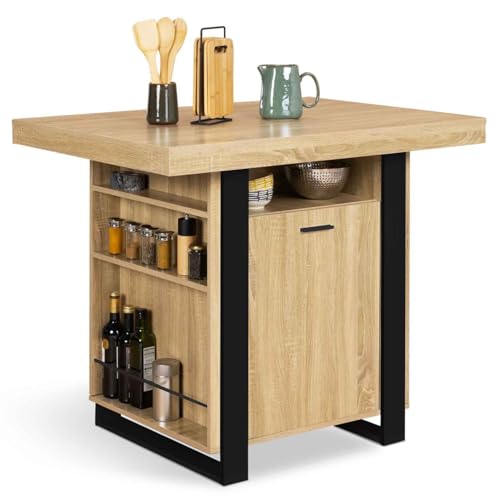 IDMarket - Zentralinsel Phoenix, 110 cm, Holz und Schwarz mit Aufbewahrungen