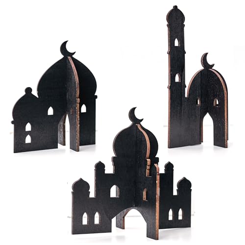 Papierdrachen 3 Verschiedene Holz Moscheen zum Stecken - Ramadan Dekoration - Leichter Aufbau - Tischdekoration Eid Mubarak - schwarz - wiederverwendbar -