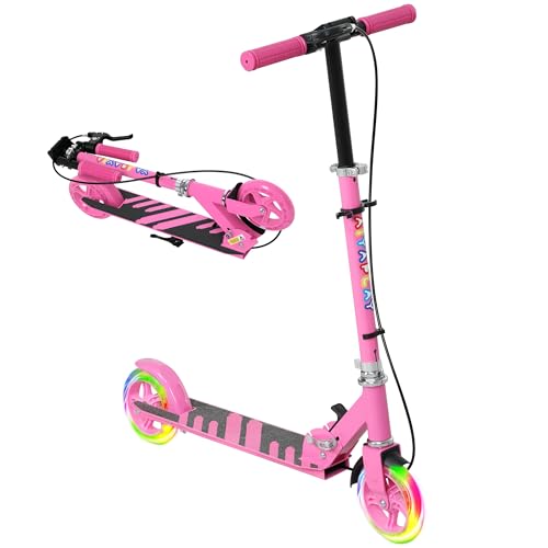 AIYAPLAY Roller Kinder Klappbar Kinderroller mit Verstellbarer Lenkerhöhe, 2 Leuchtenden Räder, Handbremse & Hinterradbremse Tretroller Scooter für 3-8 Jahre Kinder Rosa