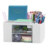 SYJINHUASY Multifunktionaler Schreibtisch Organizer, Kompakter Büroorganizer mit 5 Fächern & 2 Schubladen,Plastik Tisch Organizer für Büro Zuhause Schule (White-A)