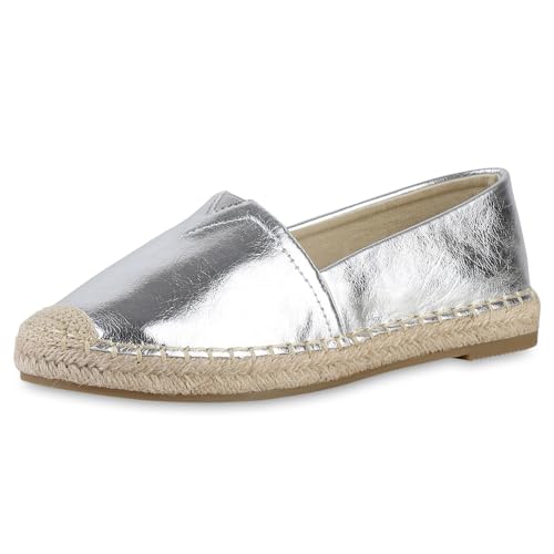 VAN HILL Damen Espadrilles Flach Metallic Trendy Schuhe 215174 Silber 37