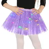 Lila Tüllrock Mädchen, Sterne Pailletten Tanzkleid, Dehnbaren Minirock Mit LED Lichter, 30cm kleine Mädchen Tütü Rock Ballettrock für Fasching Halloween Karneval, Ballett Dress für 3-8 Jahre Kinder