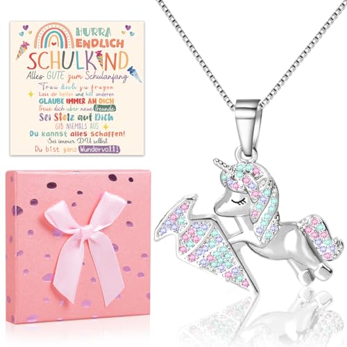 iZoeL Einschulung Geschenk Mädchen 2025 Schulkind Geschenk Schultüte Füllung Mädchen Schulanfang Geschenk Einhorn Halskette Glücksbringer mit Grußkarte Geschenkbox