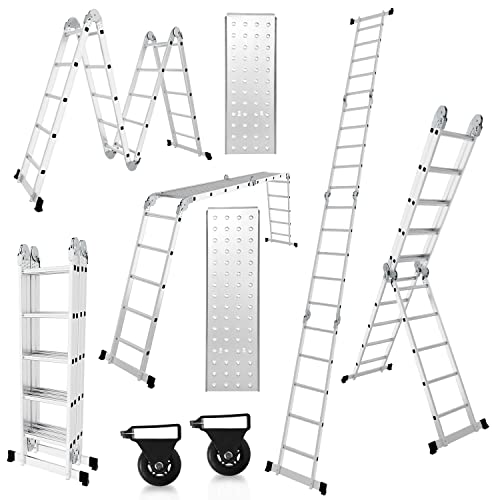 Herrselsam Mehrzweckleiter 4x5, 7in1 Multifunktionsleiter 582CM Alu Vielzweckleiter Klappleiter mit 2 Plattform und Räder, Haushaltsleiter Max Belastung 150kg, Multifunktionsleiter 20 Sprossen